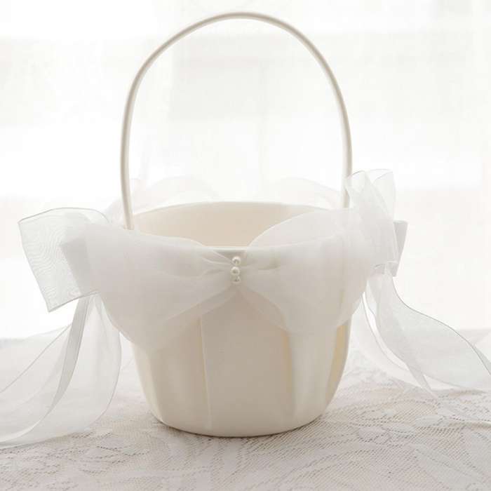 Beige Satin Flower Girl Basket Large Tulle Bow Wedding Party