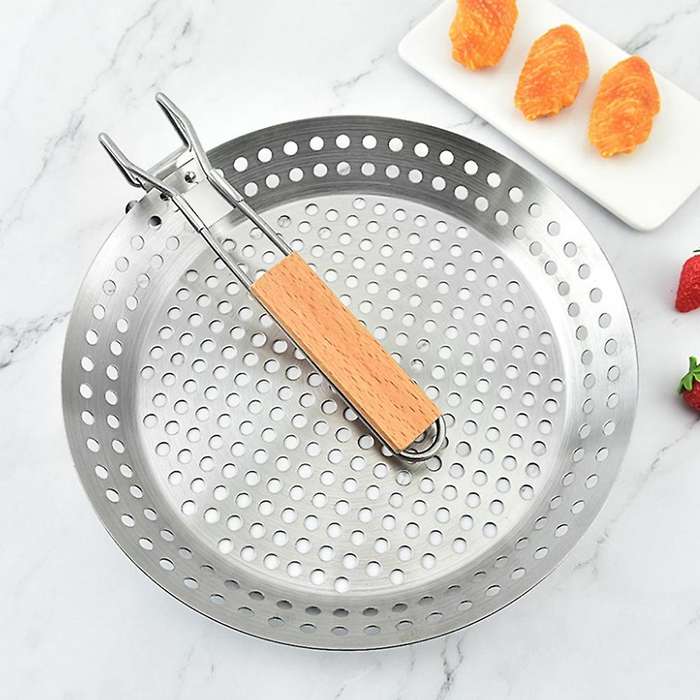 Wooden Handle Folding Grill Pan Stainless Steel Outdoor Bbq Tools