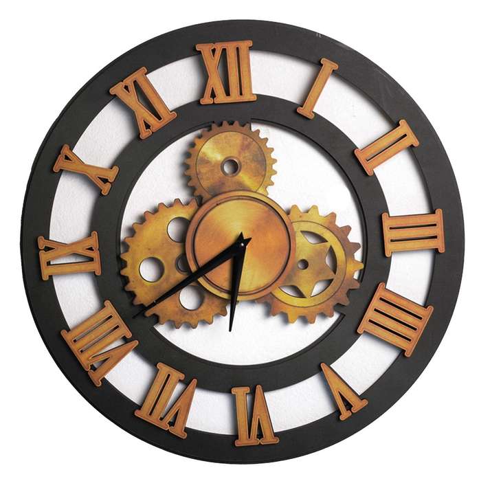 38cm Roman Numeral Wall Clock Vintage Wood Decorative Gear Clock