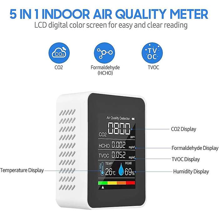 5 In 1 Air Quality Monitor, Usb Rechargeable Co2 Detector White