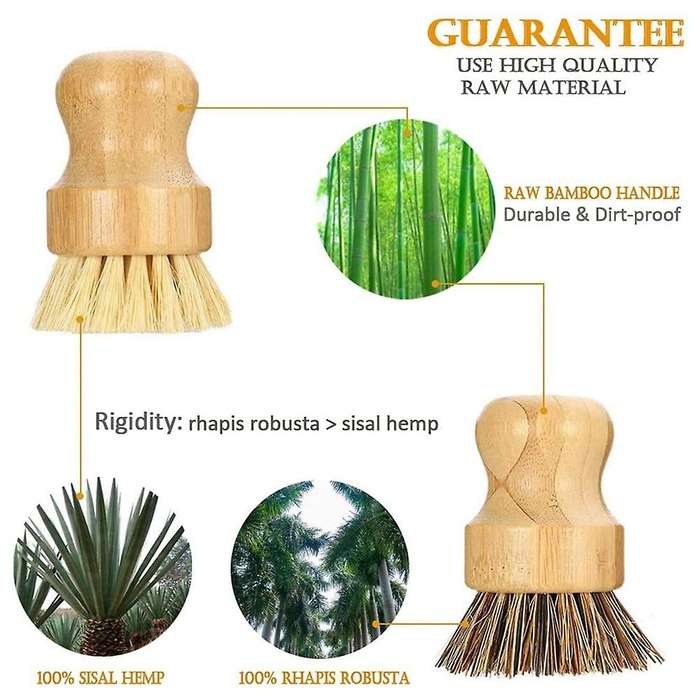 Bamboo Dish Brush 2pcs Bamboo Mini Scrub Brush Pot Brushes Dish Scrubber for Iron , Kitchen Sink, B