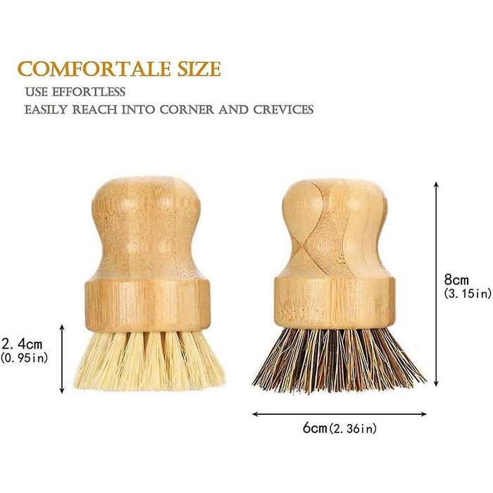 Bamboo Dish Brush 2pcs Bamboo Mini Scrub Brush Pot Brushes Dish Scrubber for Iron , Kitchen Sink, B