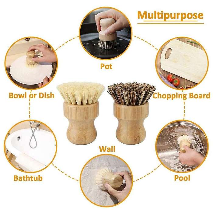 Bamboo Dish Brush 2pcs Bamboo Mini Scrub Brush Pot Brushes Dish Scrubber for Iron , Kitchen Sink, B