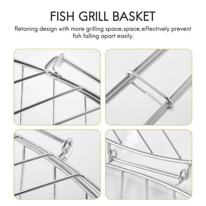 BBQ Fish Grill Basket Wire Rack with Grids Reusable Folding Grill Mesh Basket for Outdoor Garden BB