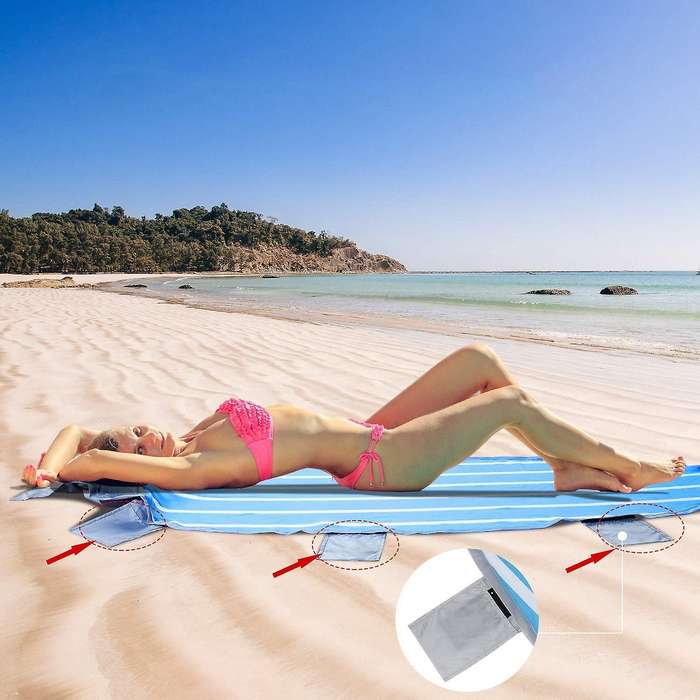 Beach Blanket Outdoor Picnic Mat Oversized Sleeping Pad Compact Pocket Blanket with Inflatable Pillo