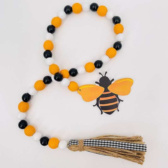 Bee Wood Bead Garland with Tassels, Spring Wooden Bead Garland Rustic Farmhouse Home Decorations fo