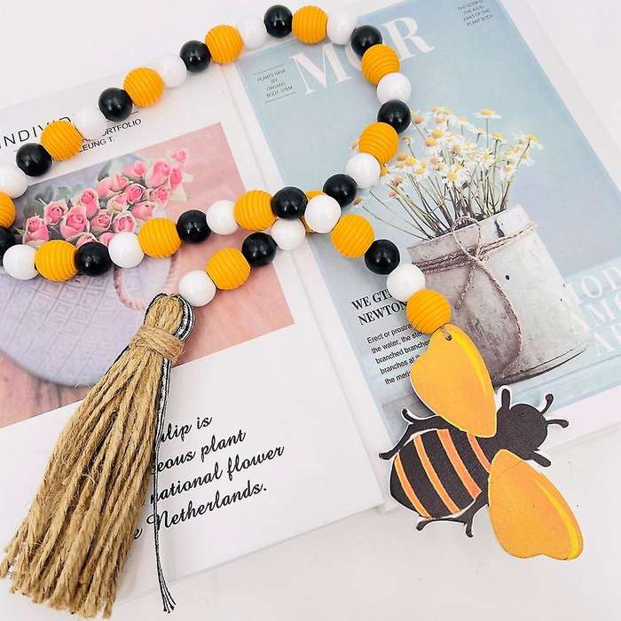 Bee Wood Bead Garland with Tassels, Spring Wooden Bead Garland Rustic Farmhouse Home Decorations fo