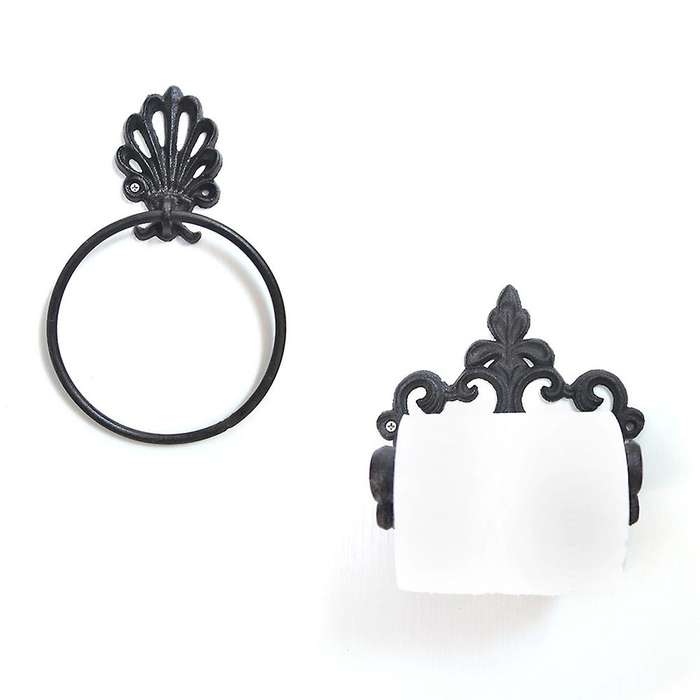 Black Toilet Roll Holder Towel Holder Set,Bathroom Cast Iron Towel Ring Toilet Roll Holder , Vintag