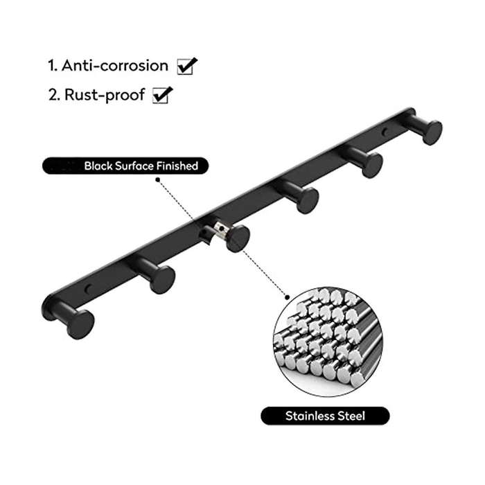 Black Towel Hook, Bathroom Wall Hook Rack with 6 Hooks Bedroom Coat Hook Kitchen Robe Hanger Wall M