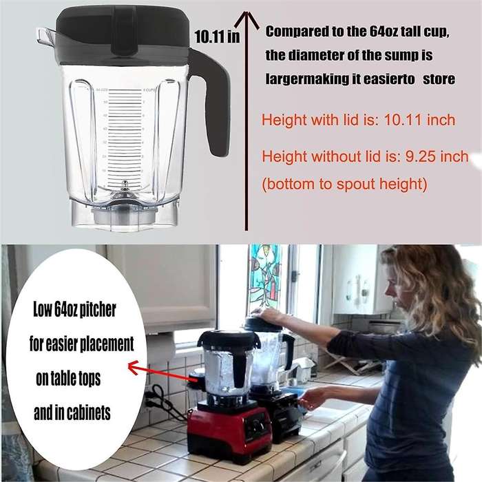 Blender Pitcher 64oz Low-Profile with Tamper,for 750 5200 5000 6300 7500 Vm0102 Vm0103 Classic/Comme