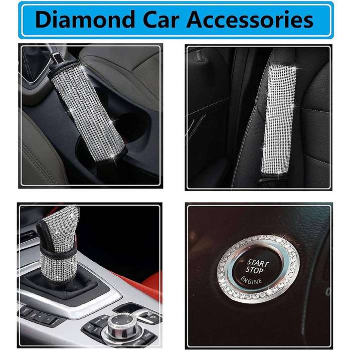 Bling Car Accessories Set, Seat Belt Covers, Rhinestones Gear Shift Cover,Handbrake Cover,Engine Sti