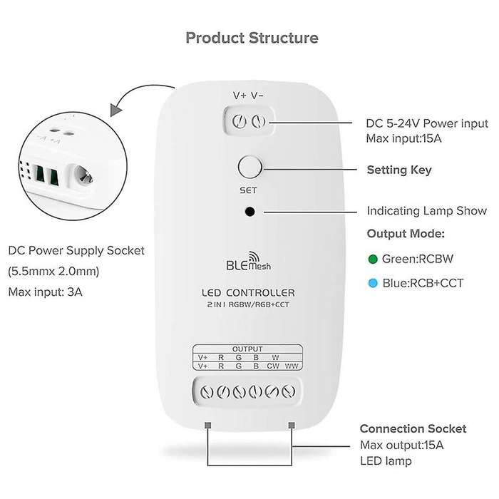 Bluetooth Mesh RGBW/RGB+CCT 2 in 1 LED Strip Controller for 5PIN RGBW 5050 6PIN Controller IOS/Andri