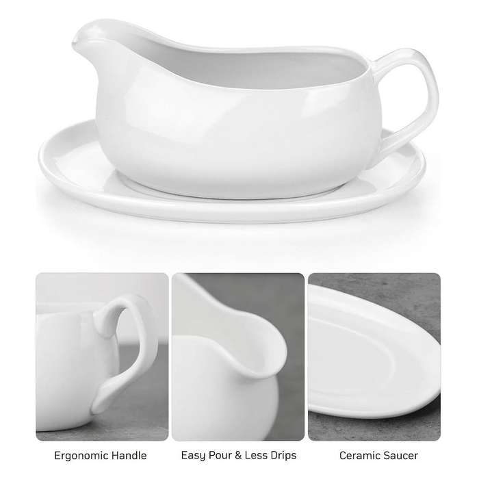 Boat and Saucer 14 Oz,ceramic Sauce Boat with Tray for Milk,warming Sauces,creamer,broth,white