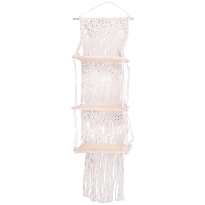 Boho Macrame Wall Hanging Shelf 3 Tier Handmade Woven Wood Organizer Shelves Wall Floating Hanger D