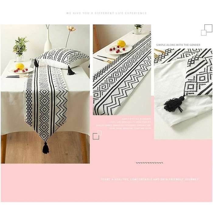 Braided Table Runner Set with Tassels, Black and White Table Runner Geometric Ta