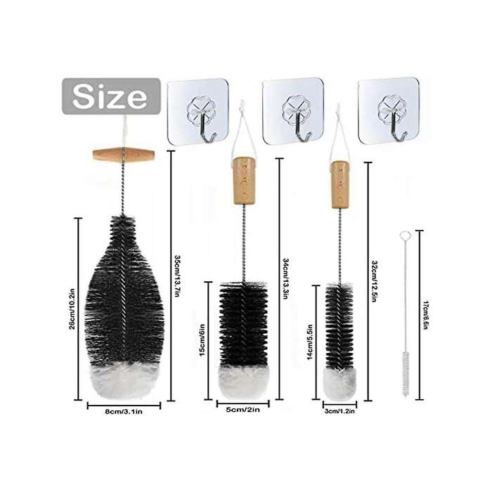 Brush Cleaning Brush, Pack Of 4 Brushes and 3 Organising Hooks Cleaner for Washing Narrow Necks