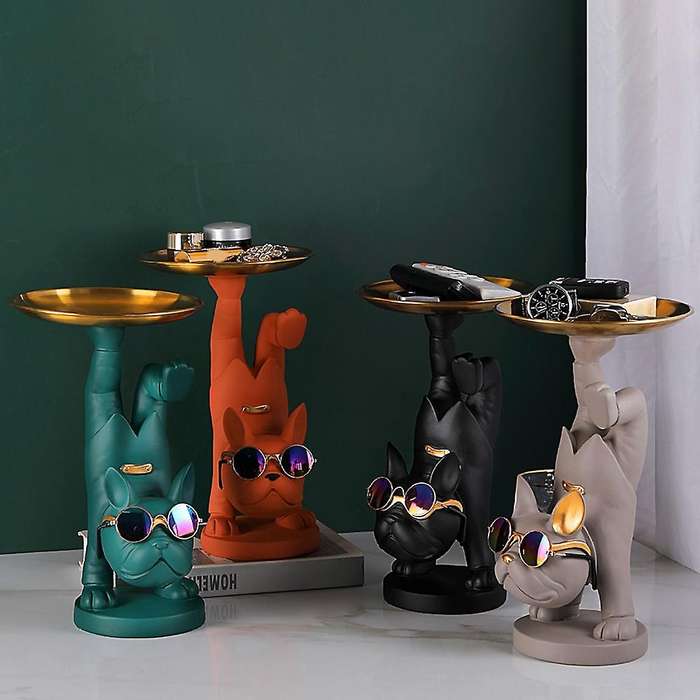 Bulldog Fruit Dish Desktop Metal Tray French Bulldog Sculpture Animals Figurines Room Table Decor Bl