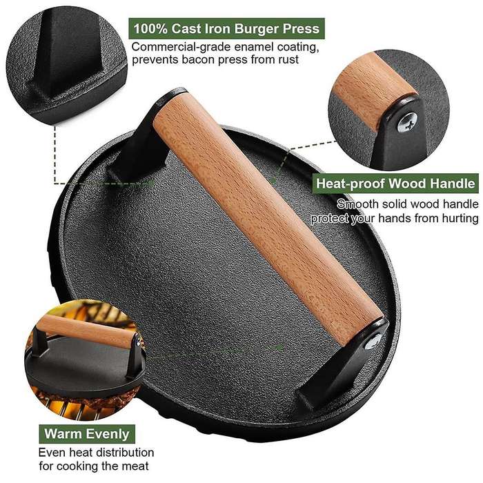 Burger Press 7Inch Round Cast Iron Smash Bacon Press Meat Steak with Wood Handle for Griddle, Sandwi
