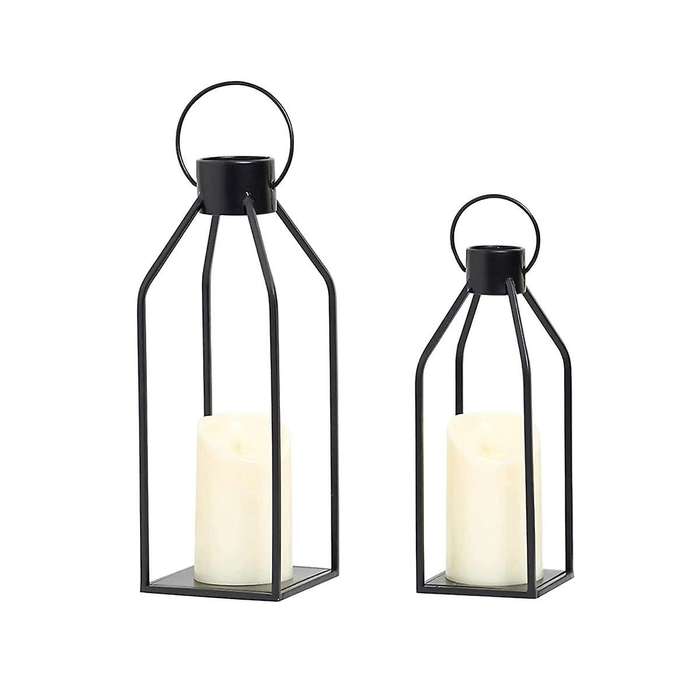 Candle Lantern 2 Set Black Decorative Lanterns Indoor Outdoor Home Decor with Flickering Led Christm