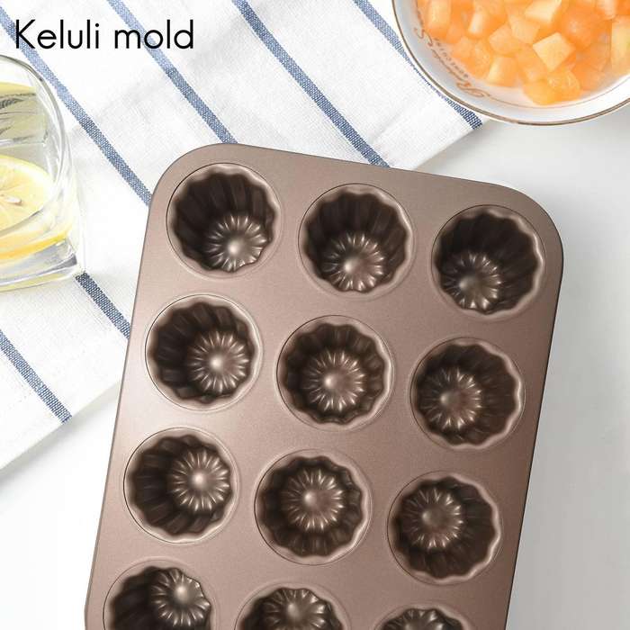 Canele Mold Cake Pan, 12-cavity Non-stick Cannele Muffin Bakeware Cupcake Pan for Oven Baking(champ