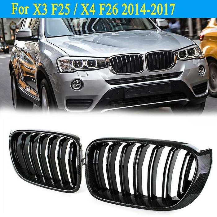 Car Carbon Fiber&Gloss Black Double Slats Front Kidney Grille Grill for X3 F25 X4 F26 2014-2017