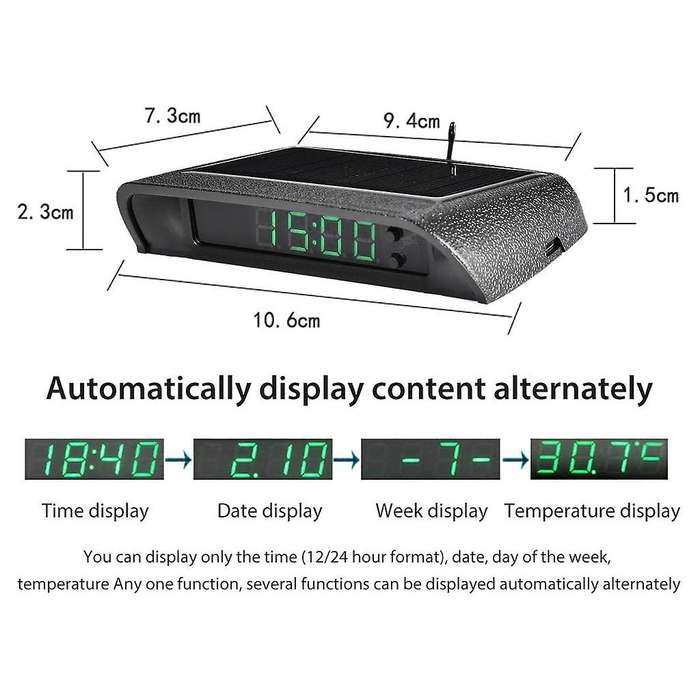 Car Clocks with Night Display Thermometer Auto Internal Stick-on Digital Watch Solar Powered 24-hou