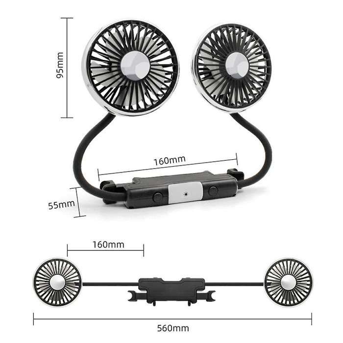 Car Fan for Backseat, Dual Hose Car Seat Fan with Led Lights, Portable USB Fan for Car, 3 Speeds Coo