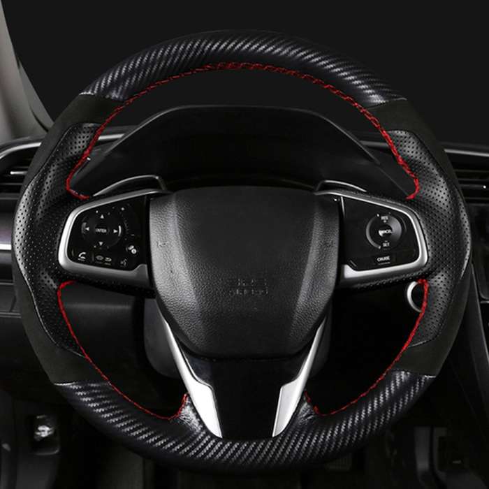 Car Hand-Stitched Steering Wheel Cover Carbon Fiber Leather Suede Cover 38cm for 10Th Gen 2016-2021