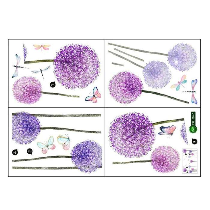 Purple Dandelion Wall Sticker Flowers Butterflies Wall Decoration for Children's Room Girls Living R