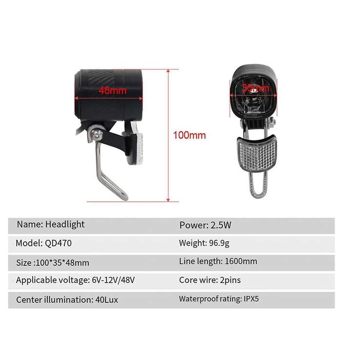 QD470 E-Bike LED Headlight 6V-12V/48V Bicycle Light Waterproof Front Headlight Waterproof Connector