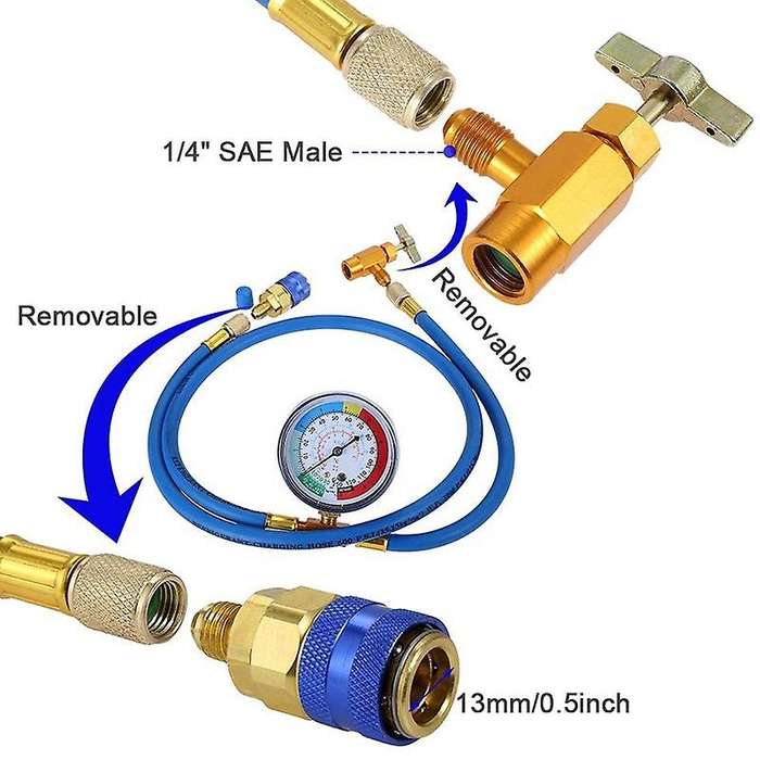 R134a Charging Hose to Refrigerator -with Conditioning Gauge - Refrigerant R134a Can Tap to R-12/r-
