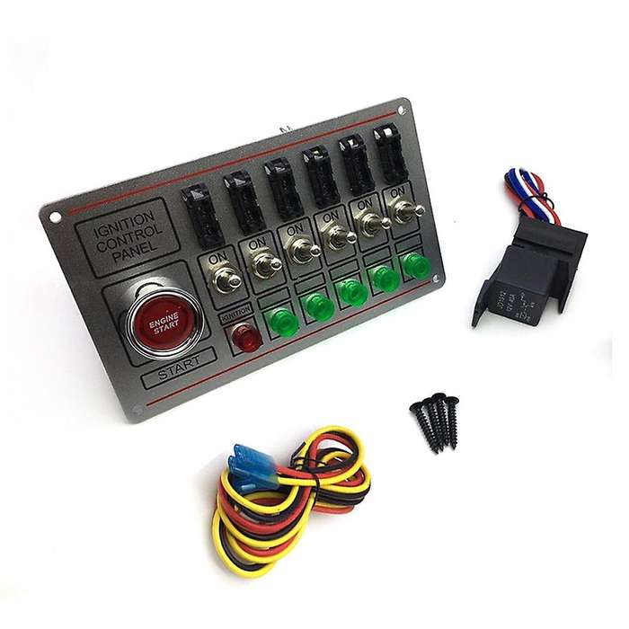Racing Switch Panel Car Ignition Accessory Engine Start, 6 Indicator Light 6 Fused Toggle Quick Off