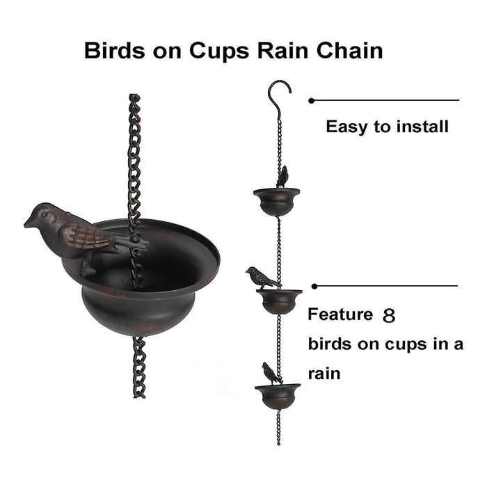 Rain Chains for Gutters Mobile Birds on Cups Rain Chimes 8Ft Rain Chimes with Attached Hanger and B