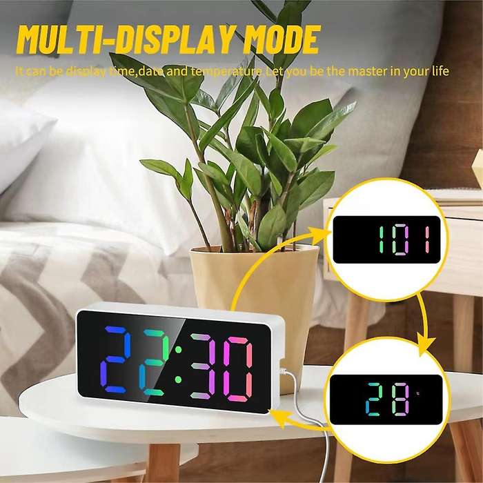 Rainbow Colored Led Digital Alarm Clock,snooze, Adjustable Volume, Easy Operation, Outlet Powered F