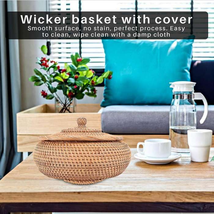 Rattan Boxes with Lid Hand-woven Multi-purpose Wicker Tray with Durable Rattan Fiber Round 11 Inch