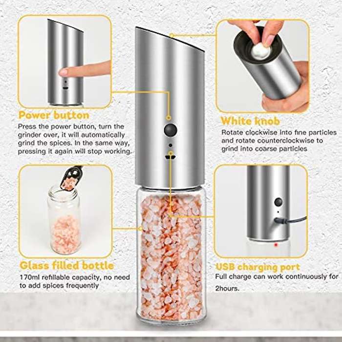 Rechargeable Salt and Pepper Mill Electric Pepper Mill USB Rechargeable Electric Salt Mill Adjustabl