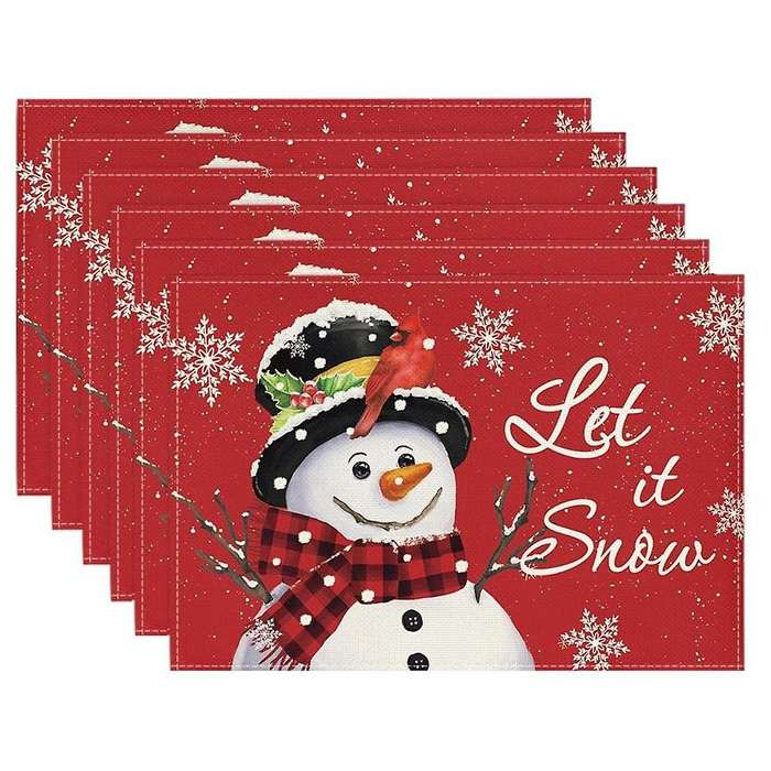 Red Christmas Winter Placemats Set Of 6, 12x18 Inch Seasonal Christmas Holiday Table Mats