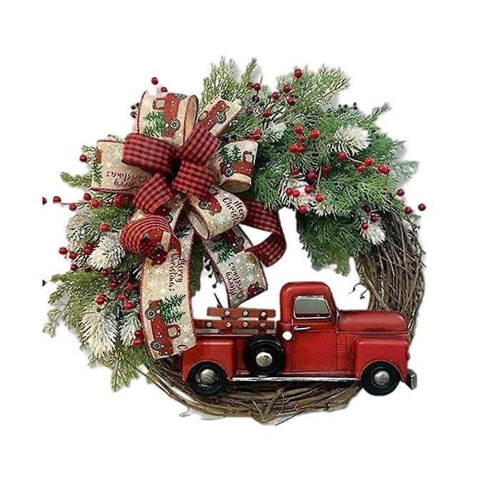 Red Truck Christmas Wreath for Front Door, Christmas Door Wreath Truck Autumn Wreath Decorations for
