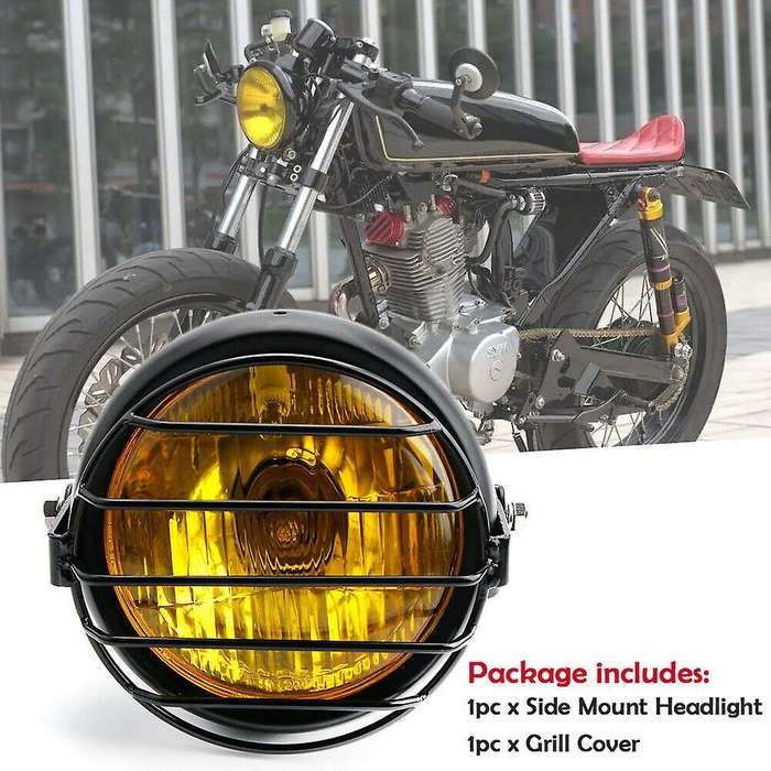 Retro Vintage Motorcycle Universal Side Mount 35W 6.5 Inch Amber Headlight Cafe with Grille