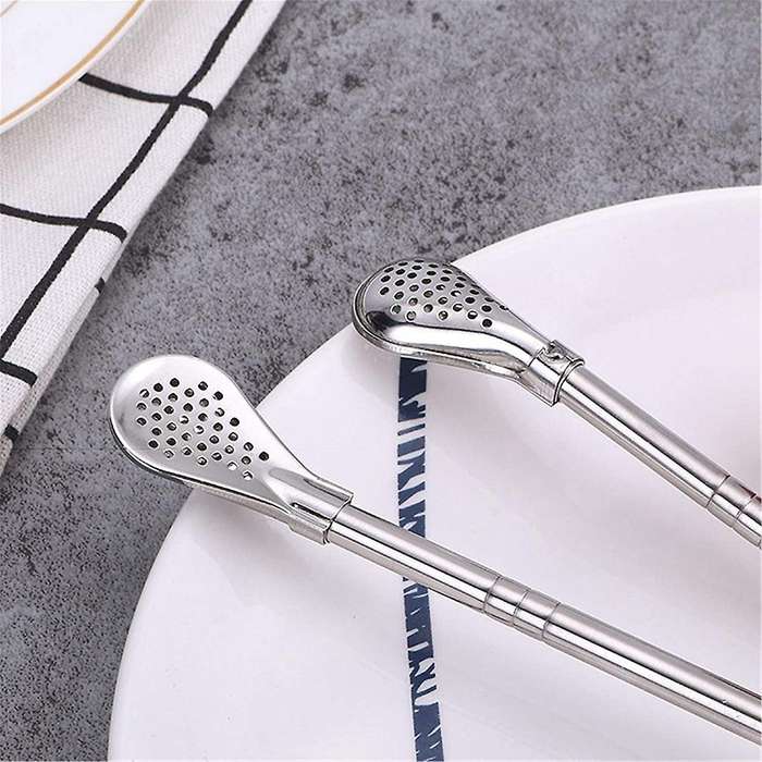 Reusable Stainless Steel Straw with Filter Spoon 6 Pieces Straw with 2 Pieces Cleaning Brush Set