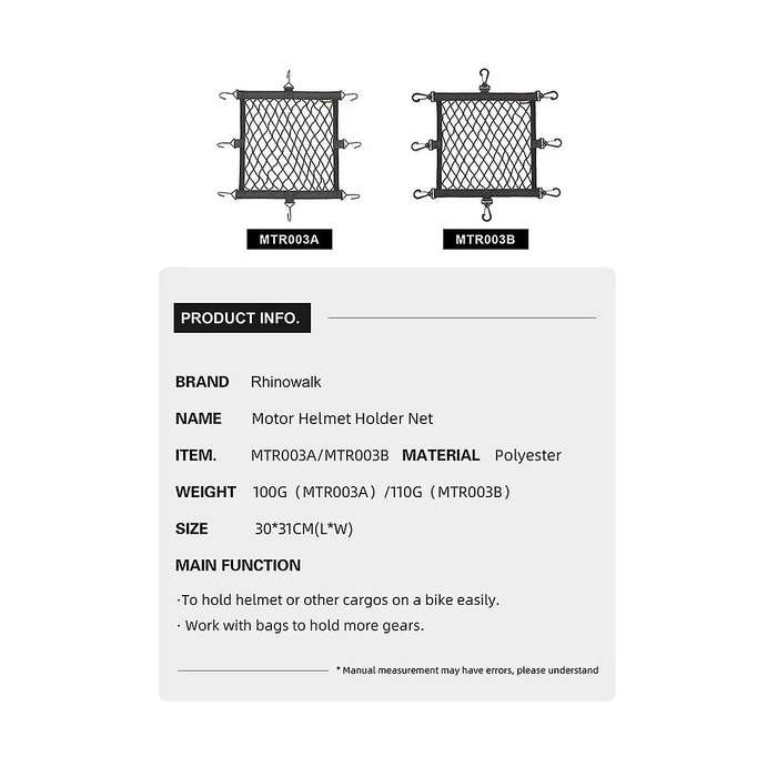 Rhinowalk Motorcycle Helmet Holder Net 8 Plastic Hooks Motorbike Luggage Net Holder Mesh Storage Tr