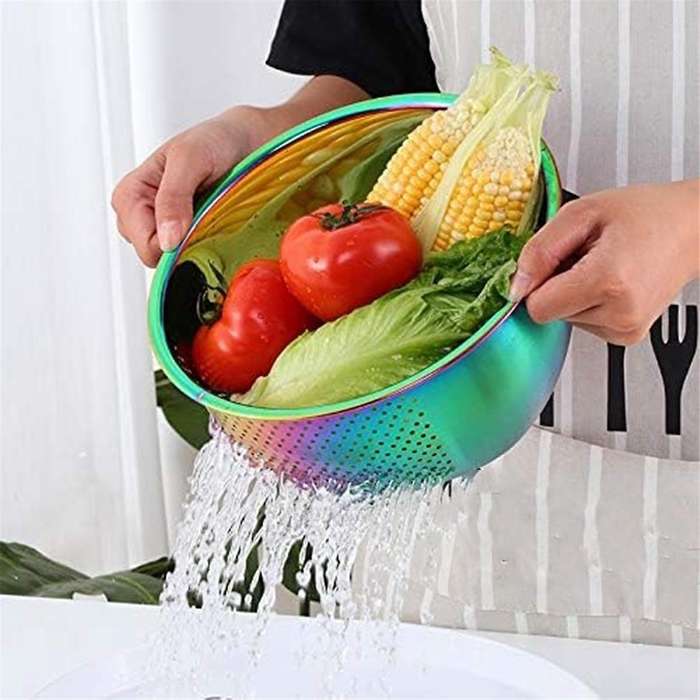 Rice Washing Bowl Stainless Steel Versatile 3-in-1 Colander and Kitchen Strainer with Side Drainers