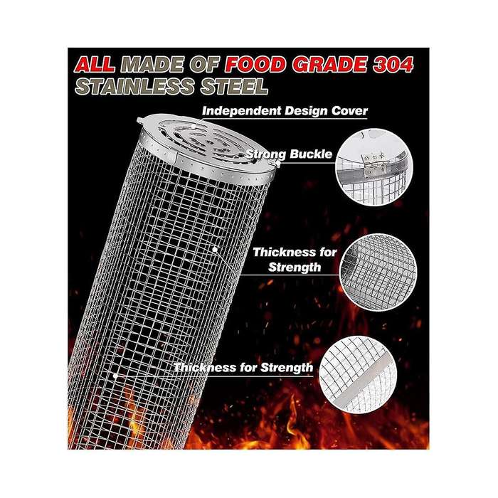 Rolling Grilling Baskets for Outdoor Grill Bbq Stainless Steel Mesh Net Tube Round Cage Wire Barbecu