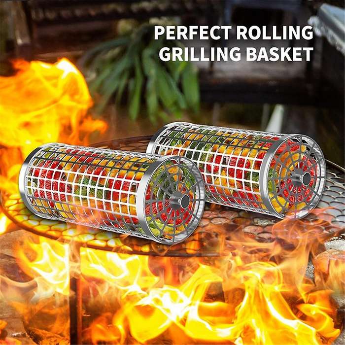 Rotisserie Basket Stainless Steel Grilled Cage Barbecue Rolling Grill Basket Non-stick Outdoor Campi