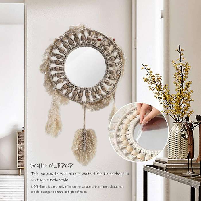Round Mirror Macrame Mirror Wall Decor for Apartment Living Room Bedroom Baby Nursery Dorm