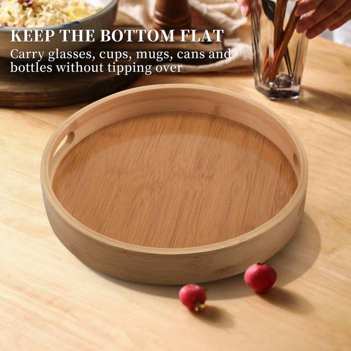 Round Serving Bamboo Wooden Tray Handle Storage Tray #1