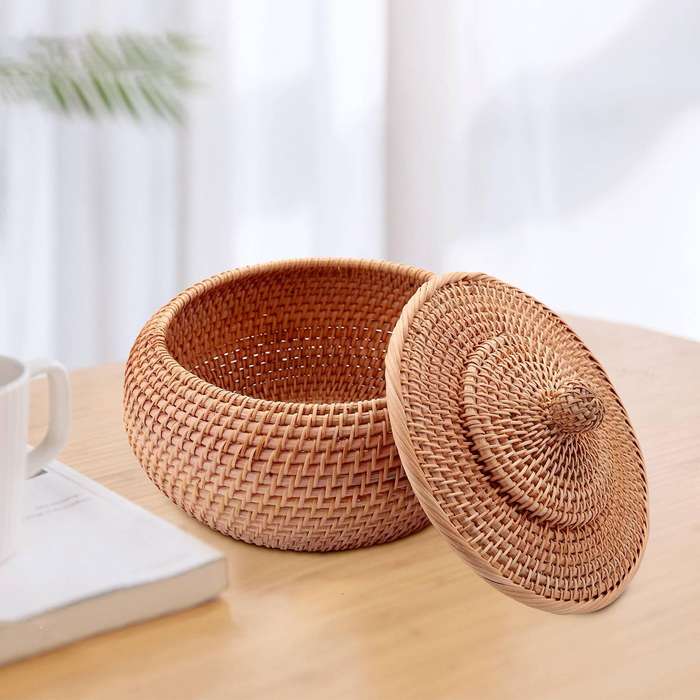 Round Rattan Box,Wicker Fruit Basket with Lid Basket Compatible Bread,Snack