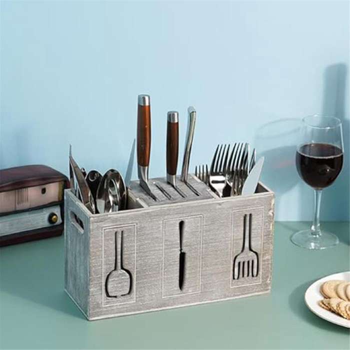 Rustic Wooden Flatware Organizer, 3 Section Kitchen Utensil Holder, Farmhouse Kitchen Cutlery Bin Co