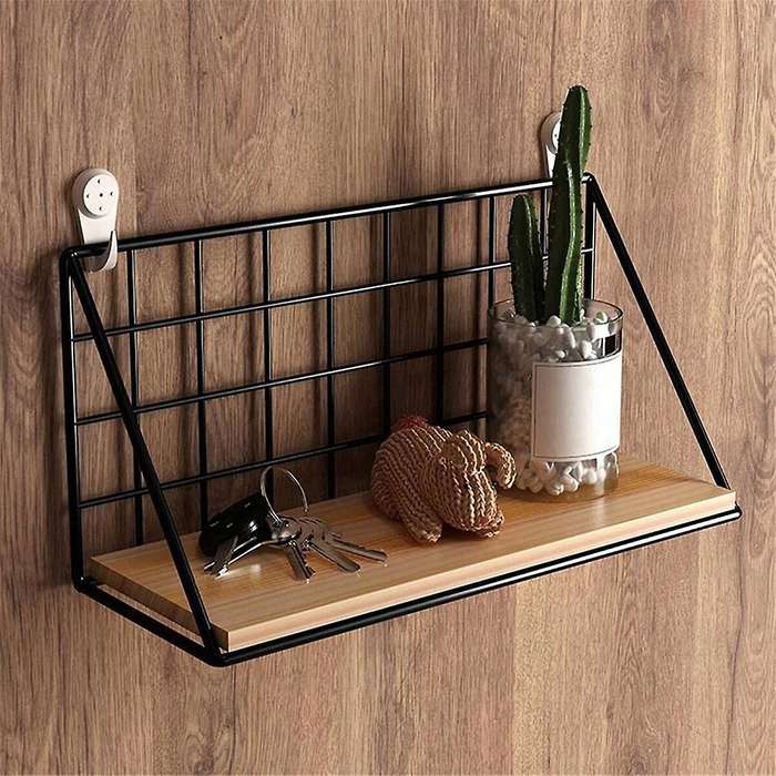 S Floating Shelves Wall Mounted Rustic Wood Storage Display Shelf with Metal Wire Basket Hanging She