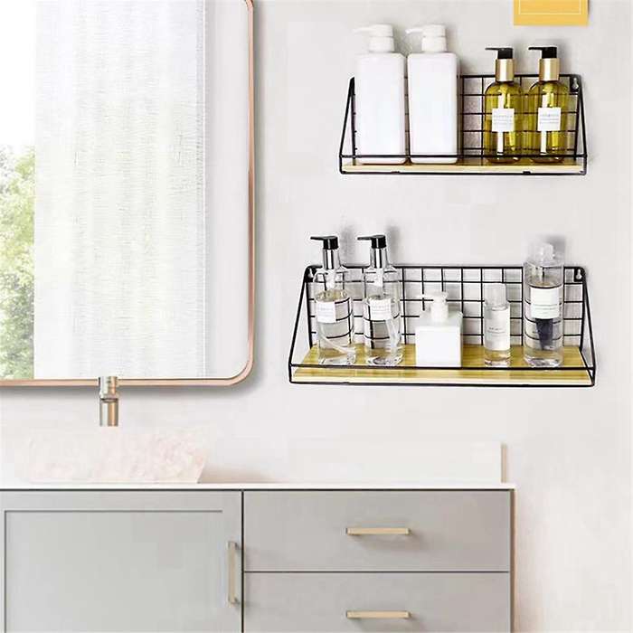 S Floating Shelves Wall Mounted Rustic Wood Storage Display Shelf with Metal Wire Basket Hanging She